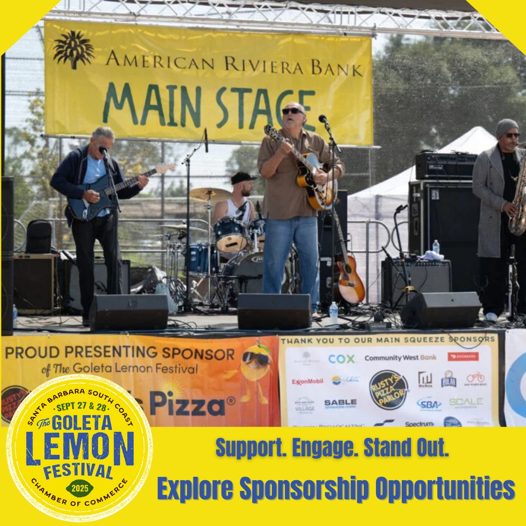 Sponsor Goleta’s biggest event! 🍋
The Goleta Lemon Festival is more than just a celebration, it’s your chance to support the community and market your business to thousands of attendees.

📞 Contact Michele Schneider today:
805-965-3023 | Michele@SBSCChamber.com

Spots are filling fast — don’t miss out!