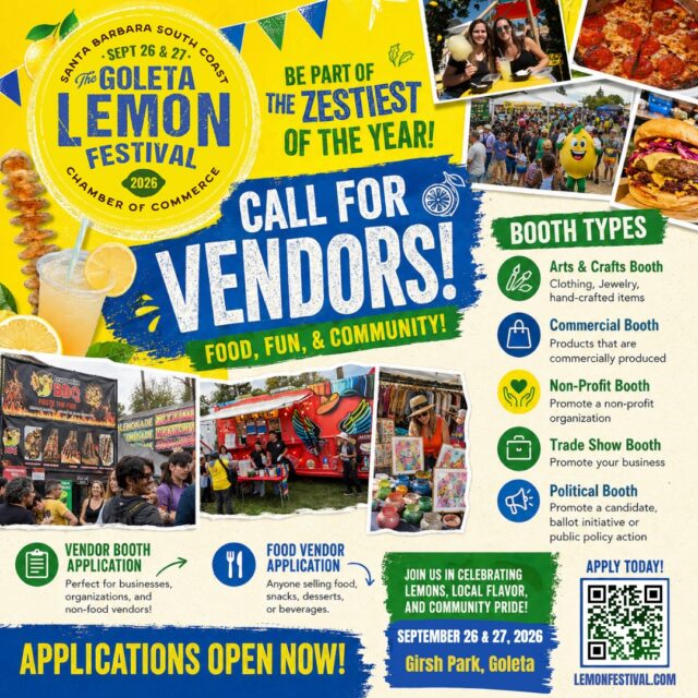 🍋 GOLETA LEMON FESTIVAL VENDOR CALL + FOODIE TAG GAME!
 
🍋 We’re building this year’s lineup and it’s getting exciting 👀
👇 Let’s make it interactive 👇
🥗 TAG A FOODIE who needs to eat their way through the festival
🎨 TAG A MAKER/ARTIST who should bring their creations
🛍️ TAG A BUSINESS OWNER who belongs in front of thousands of festivalgoers
🤝 TAG A NON-PROFIT doing great work in the community
🔥 TAG A WILD CARD vendor idea we NEED to see this year Spots are OPEN—and they always sell out
🍋 If you’ve been thinking about it… just do it.
👉 Apply now to be considered
💌 Questions? Email us anytime
Let’s see those tags 👇