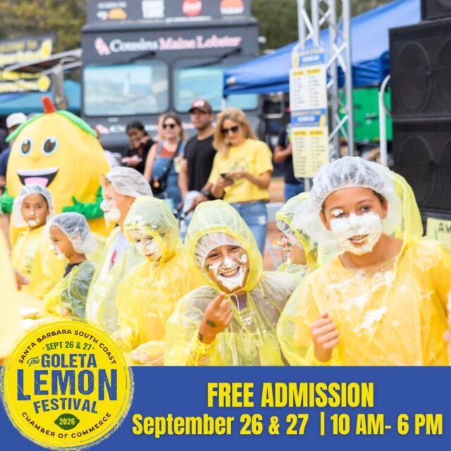 Save the Date! 🍋 Mark your calendar for the Goleta Lemon Festival, happening September 26 & 27, presented by @flysba ! Get ready for a weekend packed with family fun, live entertainment, delicious food, local vendors, contests, and activities for all ages. All Inclusive Kids Activity Wristbands are on sale now, so purchase yours early and start planning for one of the South Coast’s favorite annual traditions!