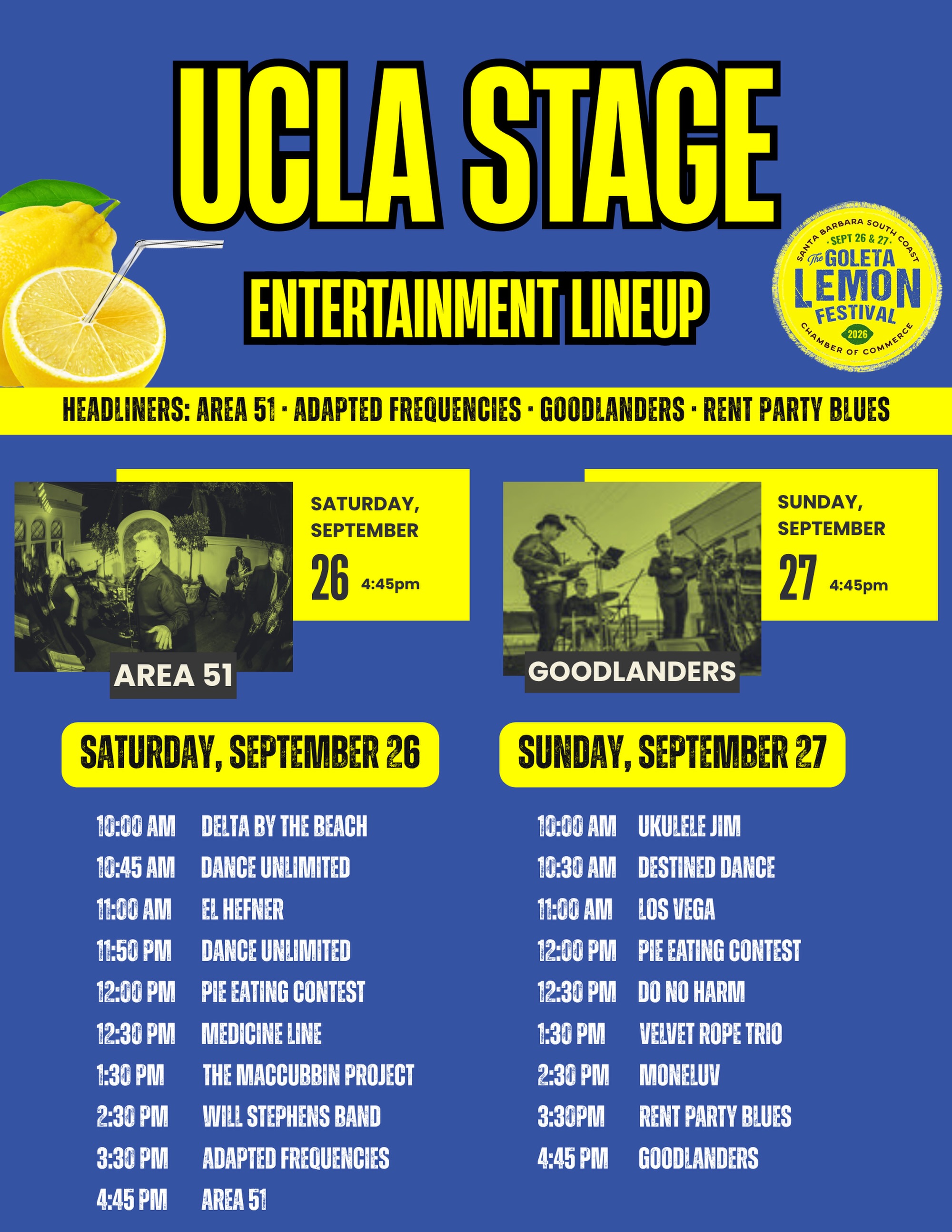 THE UCLA STAGE LINEUP IS HERE! 

And that’s a mic drop. 🎤💥

Get ready for an incredible weekend of live entertainment, music and dancing at the Goleta Lemon Festival! 💃🕺🎶🍋

📅 September 26 & 27
📍 Girsh Park, Goleta
🎟️ FREE community event!