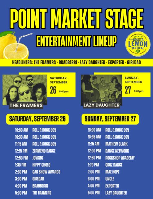 🍋 THE LINEUP IS HERE! 🍋🎶

Get ready to dance! 💃🕺🪩 Check out the entertainment lineup hitting the Point Market Stage at the Goleta Lemon Festival! 🍋🎤🎸

📅 September 26 & 27
📍 Girsh Park, Goleta
🎟️ FREE community event!