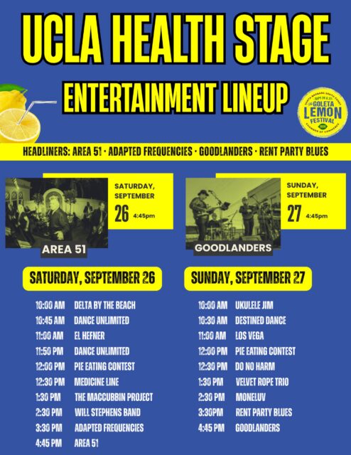 🍋🎤 THE UCLA HEALTH STAGE LINEUP IS HERE! 🎤🍋

And that’s a mic drop. 🎤💥

Get ready for an incredible weekend of live entertainment, music and dancing at the Goleta Lemon Festival! 💃🕺🎶🍋

📅 September 26 & 27
📍 Girsh Park, Goleta
🎟️ FREE community event!

Check out the lineup and tell us who you’re excited to see! 👀🎶