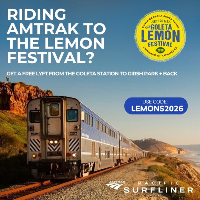 Heading to the Goleta Lemon Festival this weekend? Skip the parking stress and make your way to the festival with ease! 🍋

🚆 RIDING THE TRAIN?
Arriving at the Goleta Amtrak Station? Your ride to and from the festival is on us! Use Lyft code LEMONS2026 for a free ride between the Goleta Amtrak Station and Girsh Park, up to $15 per ride.

🚲 RIDING YOUR BIKE?
Bike to the festival and take advantage of our FREE bike valet at Girsh Park. Park your bike safely while you enjoy the festival.

🚌 DRIVING?
Park for FREE at Teledyne FLIR, 6769 Hollister Ave., then hop on the FREE shuttle to Girsh Park. No parking hassle, just park and ride!

However you get here, we’ll see you at the Goleta Lemon Festival September 26–27 at Girsh Park! 🍋

Learn more and plan your trip: LemonFestival.com