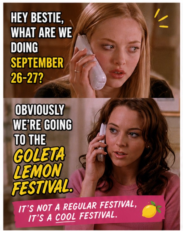 We are officially 3 MONTHS away from the Goleta Lemon Festival! 🍋

September 26 + 27 is coming in hot and we can already taste the lemon meringue pie 😍🍰 

Grab your bestie, send this to your group chat, and start making plans now because this weekend is one you do not want to miss 🎶✨

We hope to see you there! 💛
