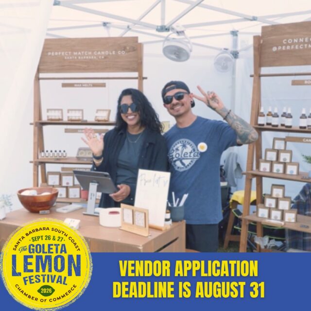🚨 CALLING ALL VENDORS! 🚨
 
It’s almost time for the Greatest Festival in Goleta! 🍋🎉
 
Vendor applications are due Monday, August 31. No applications will be accepted after the deadline.
 
Calling all Arts & Crafts, Commercial, Political & Nonprofit vendors! Businesses large or small are welcome.
 
👉 Apply now at LemonFestival.com
Click the Vendor tab, then Register!
 
Please share with your neighbors and fellow businesses. We can’t wait to bring the Lemon Festival to life! 🍋